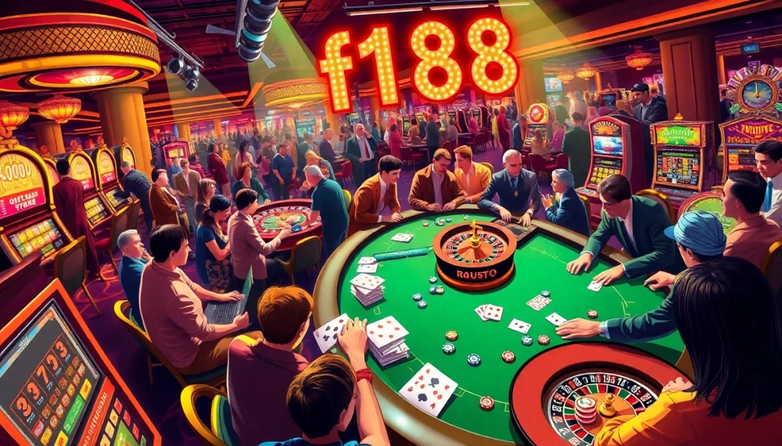 Experience the thrill of the f168 casino atmosphere, featuring vibrant tables, engaging players, and illuminated slot machines.