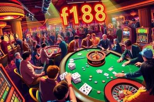 Experience the thrill of the f168 casino atmosphere, featuring vibrant tables, engaging players, and illuminated slot machines.