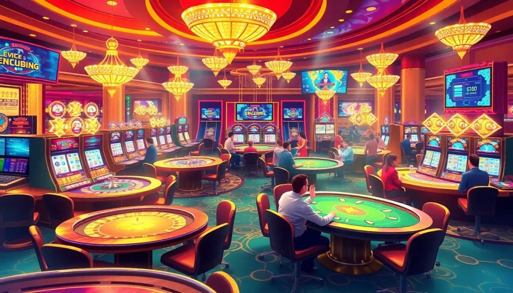 Witness the excitement of gambling at https://f168.team, featuring dynamic casino scenes with players, tables, and slots.
