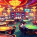 Witness the excitement of gambling at https://f168.team, featuring dynamic casino scenes with players, tables, and slots.