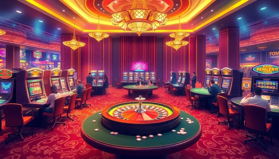 Experience thrilling casino action at https://p3bet.digital/, featuring lively players at poker tables and vibrant slot machines in a luxurious setting.