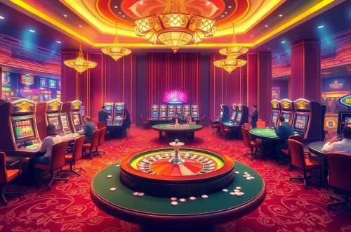 Experience thrilling casino action at https://p3bet.digital/, featuring lively players at poker tables and vibrant slot machines in a luxurious setting.