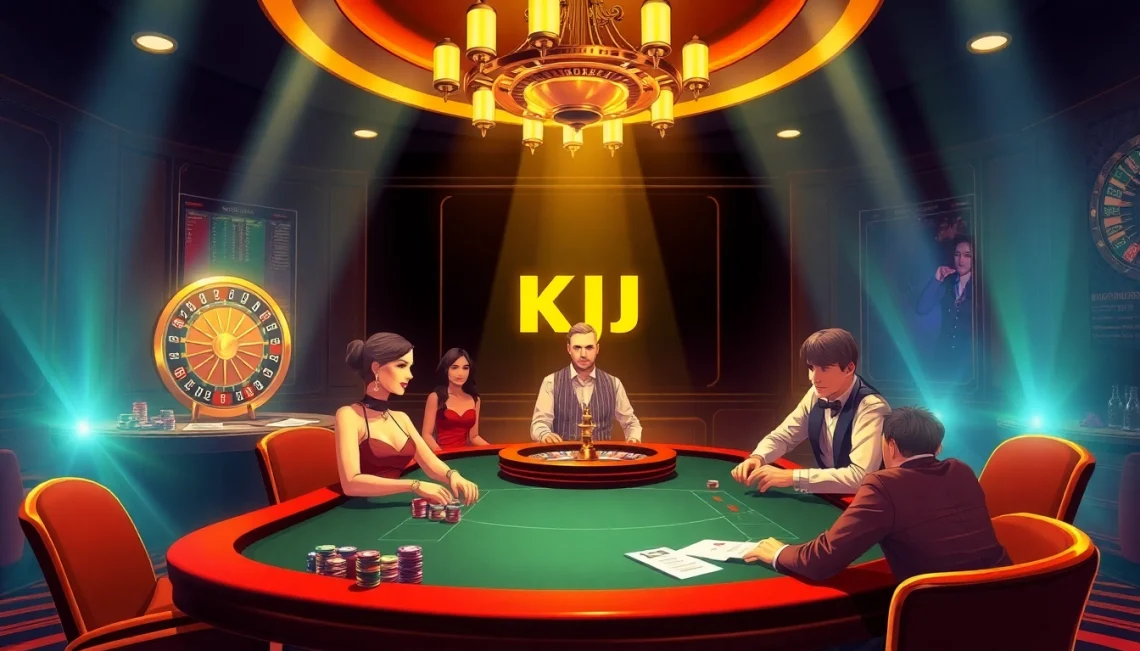 KJC players strategizing their moves at an exhilarating poker table in a vibrant casino setting.