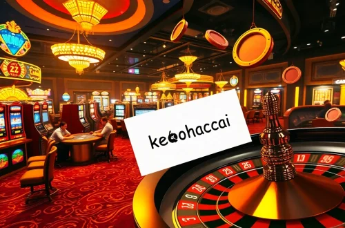 Experience keonhacai excitement with vibrant poker tables and slot machines bustling in a lively casino atmosphere.