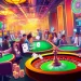 A lively casino scene showing patrons at poker and roulette tables, showcasing excitement while exploring best payday loans uk direct lender options.