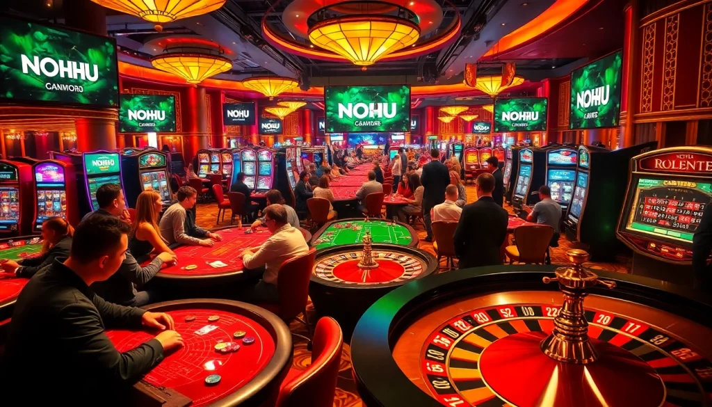 NOHU casino scene showcasing players at poker tables and roulette wheels.
