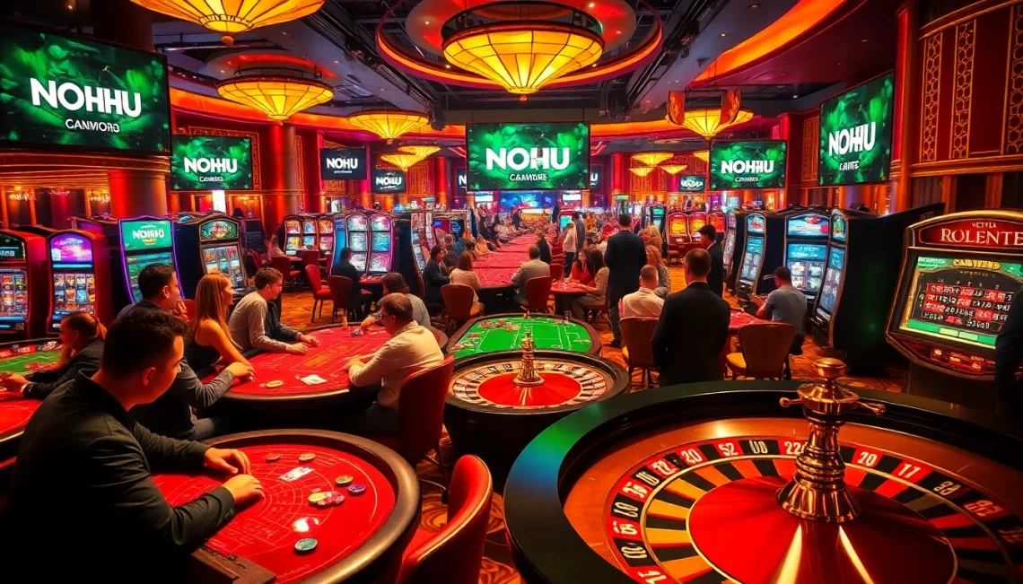 NOHU casino scene showcasing players at poker tables and roulette wheels.