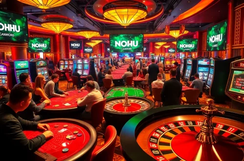 NOHU casino scene showcasing players at poker tables and roulette wheels.