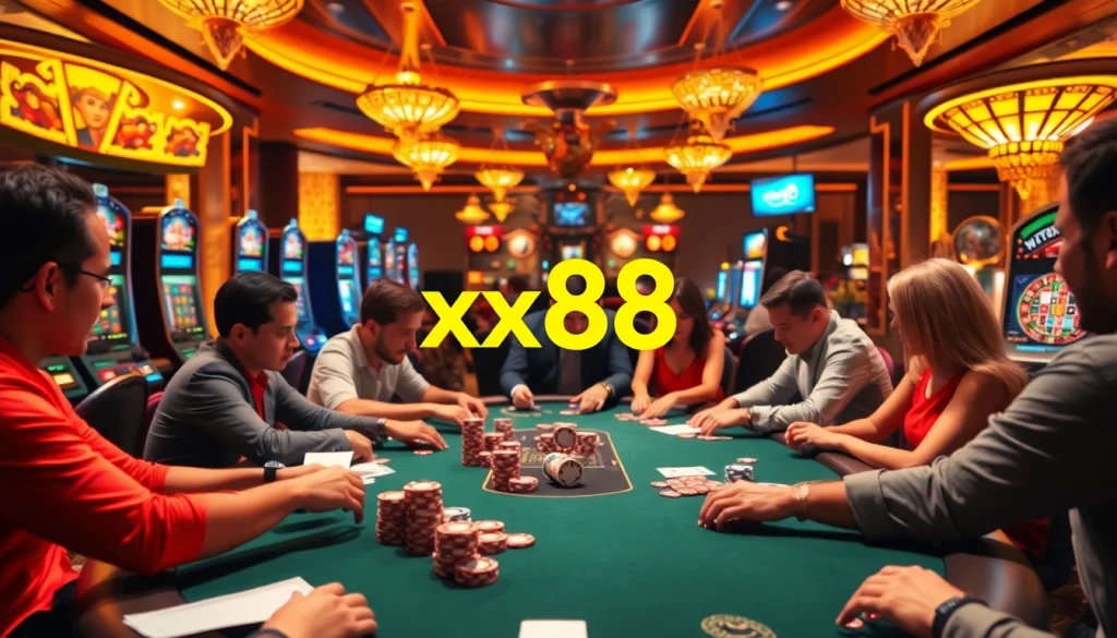 Experience the thrill of xx88 at a polished poker table with players in an upscale casino environment.