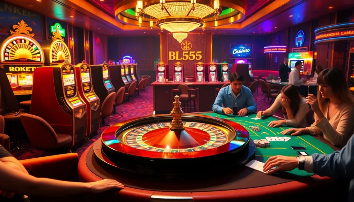 Experience thrilling gaming adventures at BL555 casino featuring vibrant roulette wheels and excited players.