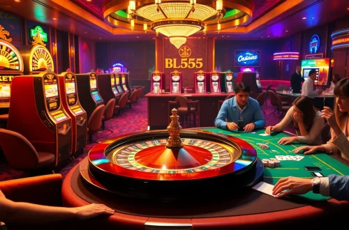 Experience thrilling gaming adventures at BL555 casino featuring vibrant roulette wheels and excited players.