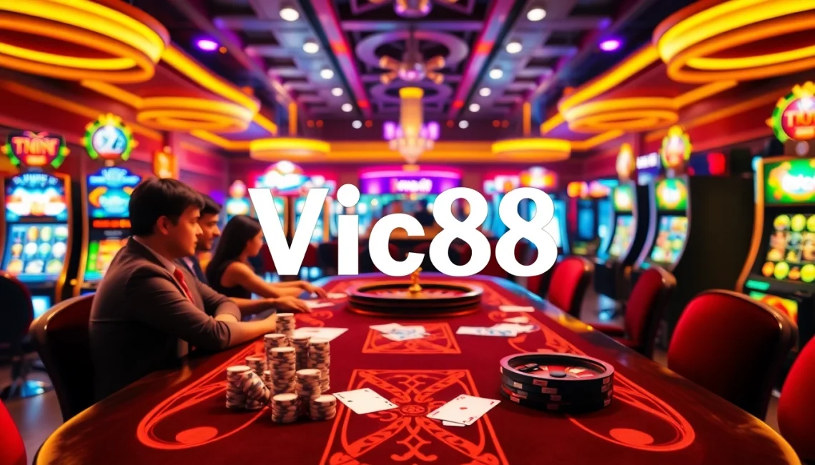 Vic88 casino experience with players at a gambling table, chips and cards in action.