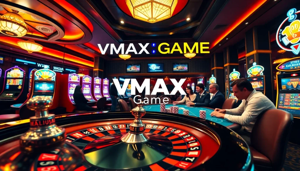 Experience the electrifying atmosphere of a casino with VMAX Game, featuring colorful slots and intense poker action.