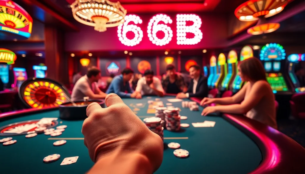 Players at a poker table in a casino with winning chips and a vibrant 66B neon sign.