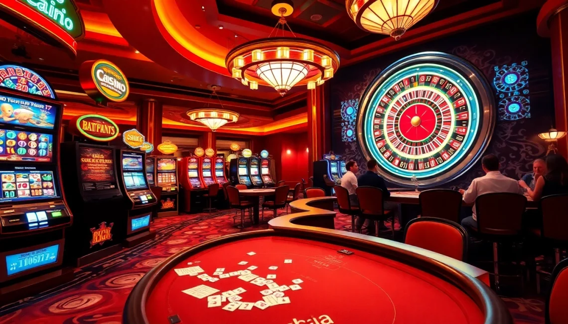 Experience the lively gaming action at uu88.hu.net, featuring bustling casino tables and colorful slot machines.