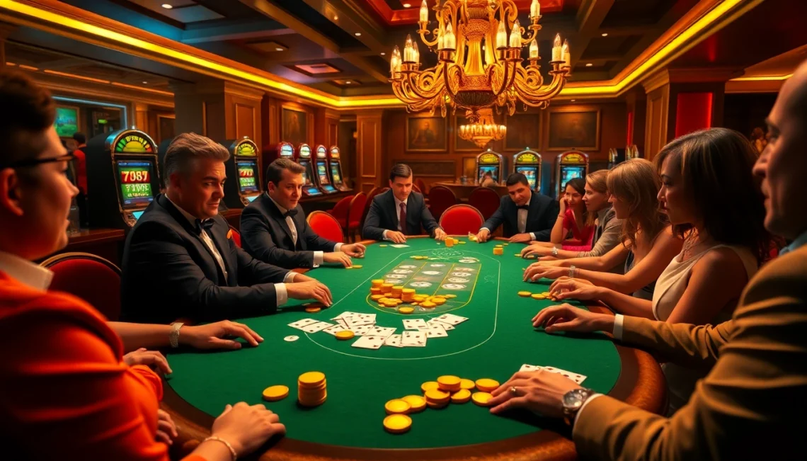 Experience the thrill of 789f with an elegant poker game featuring dramatic lighting and opulent decor.