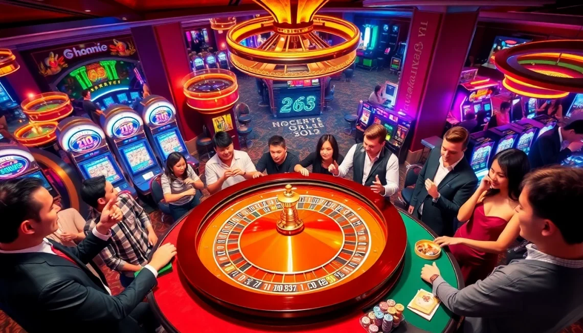 WW88 players engaging at a roulette table in a vibrant casino environment.