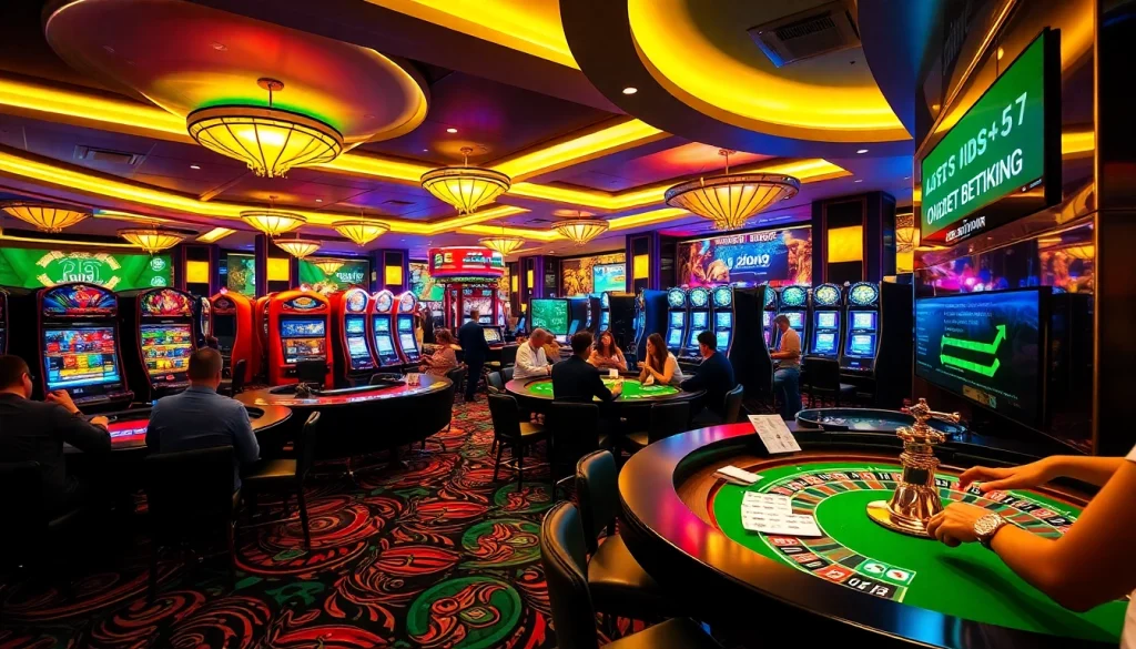 Exciting casino scene showcasing players at tables and slot machines, promoting 98win9 gaming adventures.