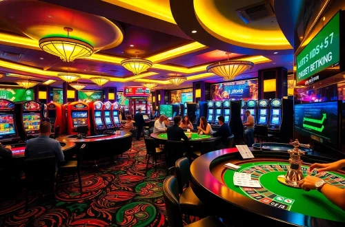 Exciting casino scene showcasing players at tables and slot machines, promoting 98win9 gaming adventures.