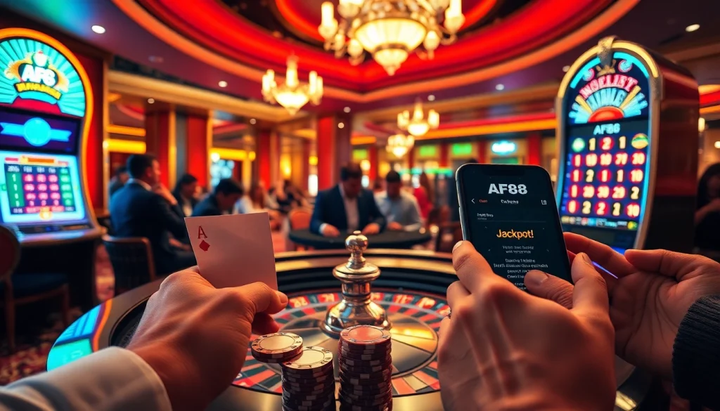 AF88 online betting interface showcased in a lively casino scene with roulette and vibrant decor.