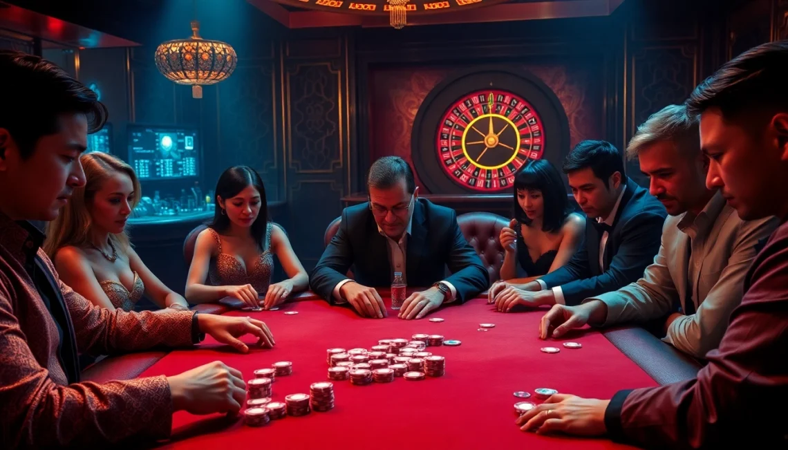 NOHU casino poker table shines with vibrant chips and intense players.