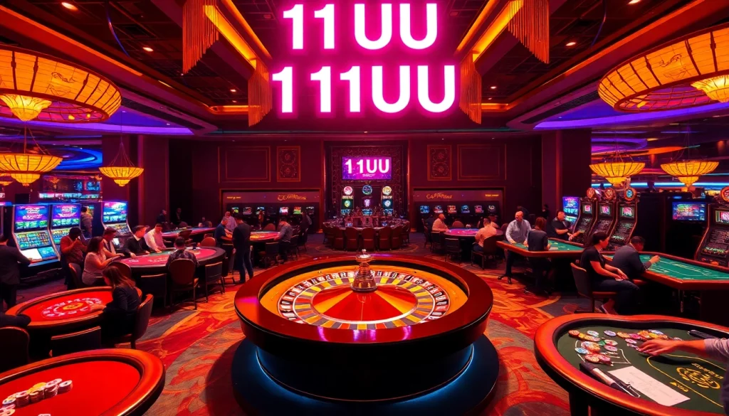 11UU casino scene showcasing players betting on a roulette wheel and poker tables filled with vibrant chips and excitement.