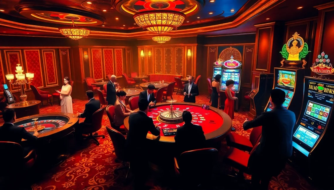 Experience the excitement of high-stakes gambling at https://luongsontv42.com/ with luxury poker tables and slot machines illuminated at night.