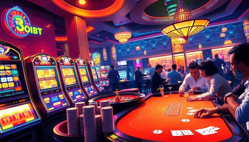 Engaging players at 39bet's vibrant casino, featuring slot machines, cards, and poker chips in an exhilarating environment.