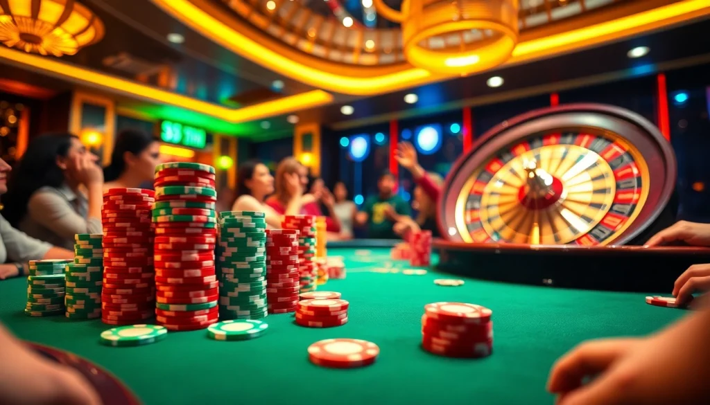 Exciting poker game at 58WIN with vibrant poker chips and a spinning roulette wheel, encapsulating the thrilling gambling atmosphere.