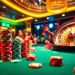 Exciting poker game at 58WIN with vibrant poker chips and a spinning roulette wheel, encapsulating the thrilling gambling atmosphere.