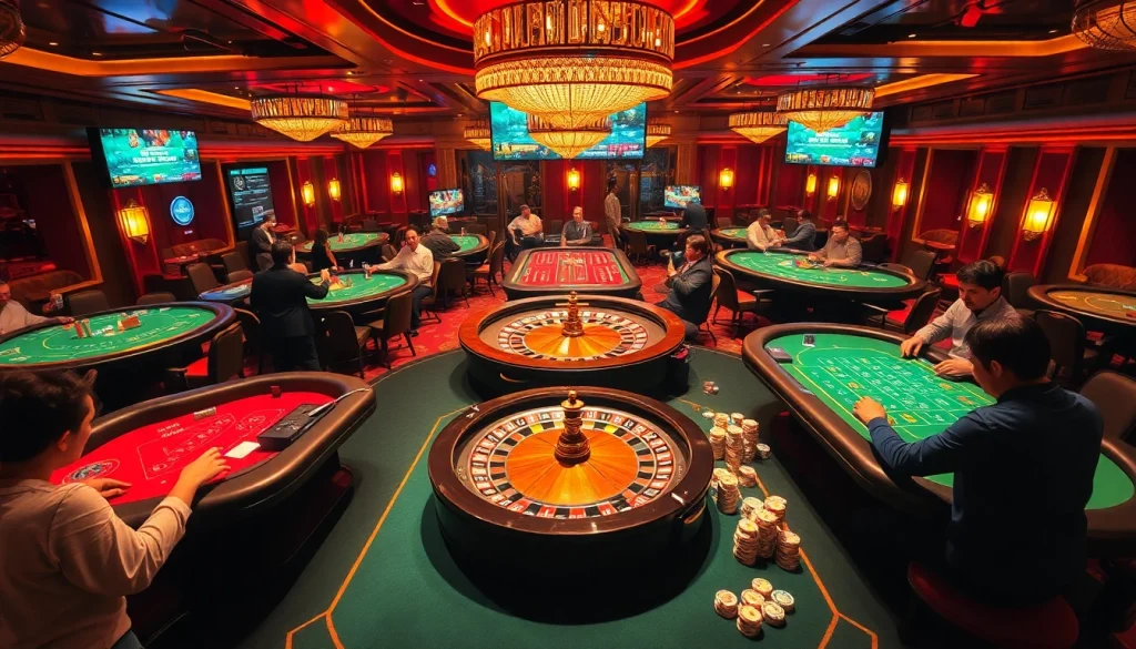 Experience the thrilling atmosphere of a luxurious casino as players engage with nhà cái qq88 gaming features at vibrant tables of excitement.