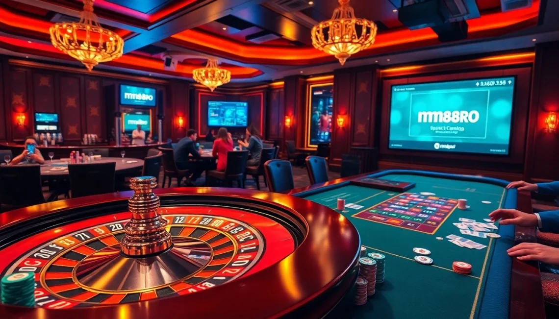 Engage in thrilling casino games at mm88pro with a vibrant poker table and roulette wheel.