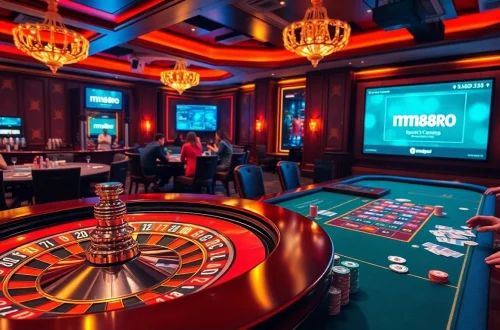Engage in thrilling casino games at mm88pro with a vibrant poker table and roulette wheel.