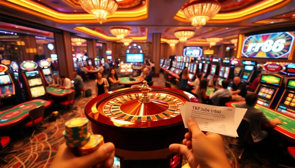 rr88 casino scene featuring a lively roulette wheel, poker tables, and dynamic slot machines.