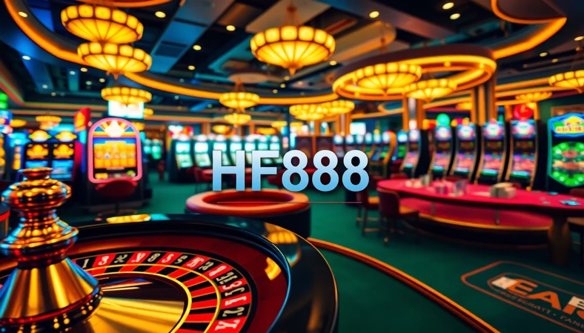 HF88 gambling betting slip surrounded by vibrant casino action, showcasing roulette and poker games.