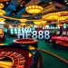 HF88 gambling betting slip surrounded by vibrant casino action, showcasing roulette and poker games.