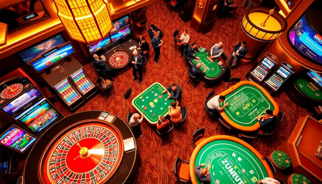 MM88 online casino scene showcasing players at roulette and vibrant slot machines.