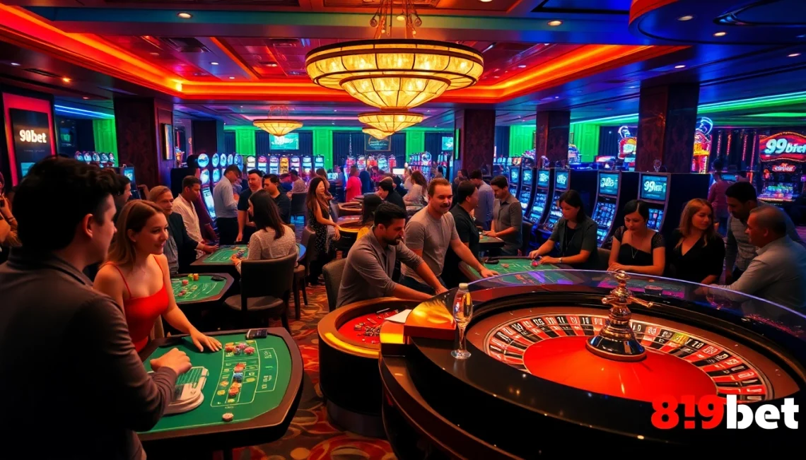 Experience the thrill of gaming with 89bet at a vibrant casino, featuring intense action at poker and roulette tables.