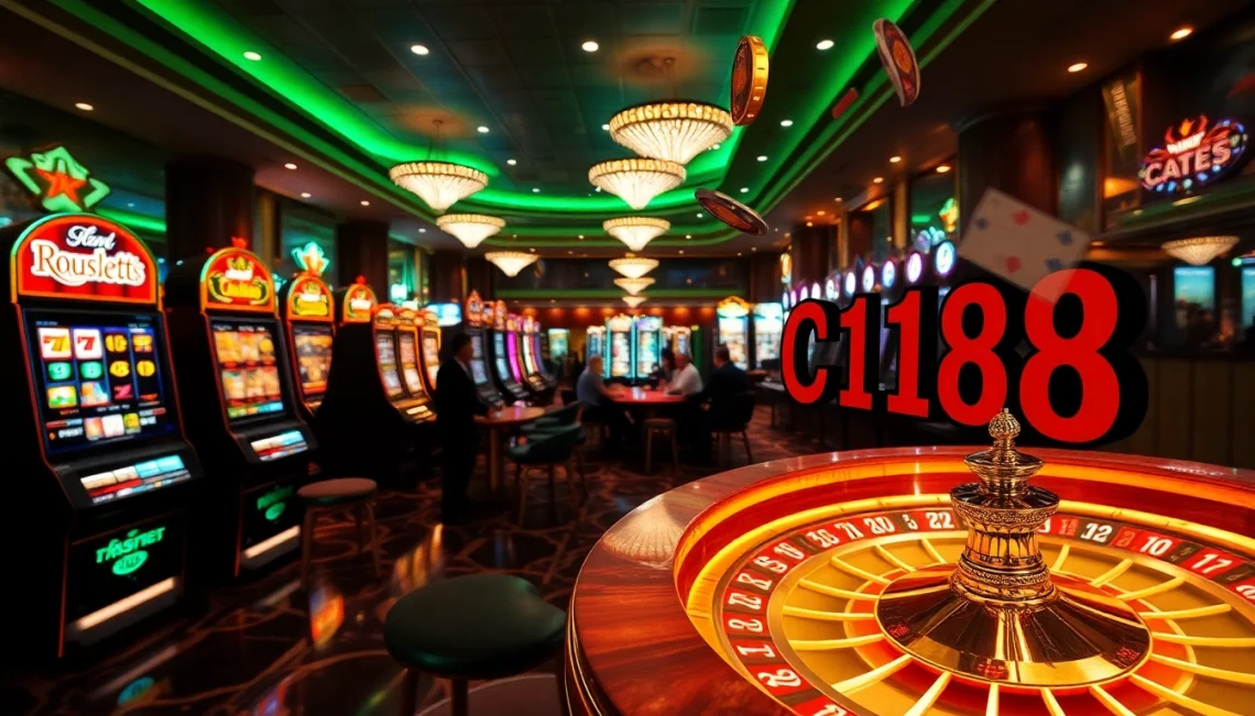 Experience the thrilling atmosphere of C168 casino gaming with vibrant slot machines and intense poker action at night.