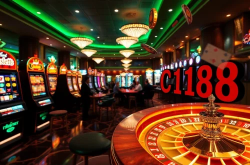 Experience the thrilling atmosphere of C168 casino gaming with vibrant slot machines and intense poker action at night.