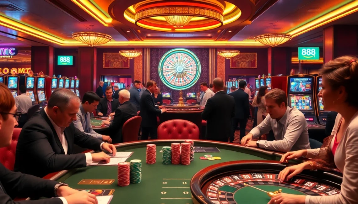 Experience the thrill of 888P with players enjoying poker at vibrant casino tables.