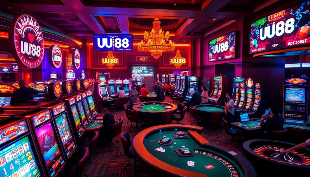 Players enjoying an exhilarating night at the UU88 casino, featuring vibrant slot machines and poker tables.