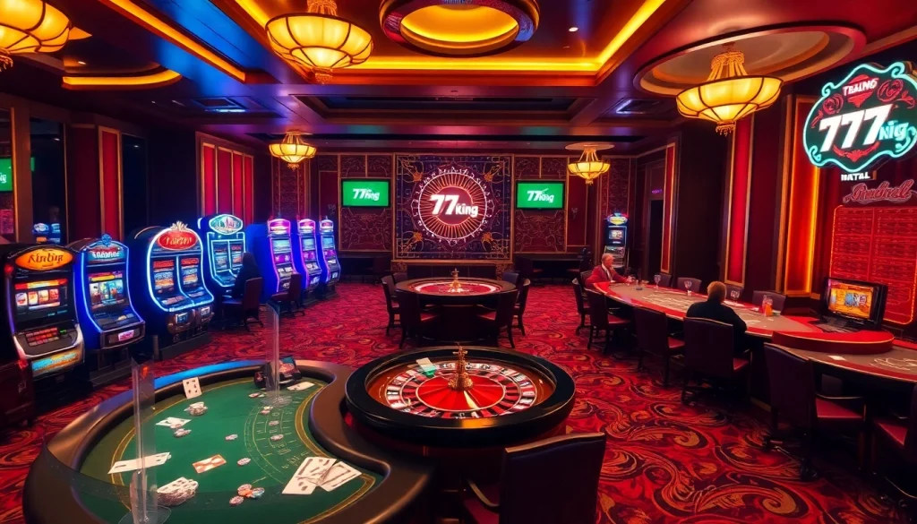 Experience the allure of 79king's vibrant casino atmosphere with players at poker tables and colorful slot machines.