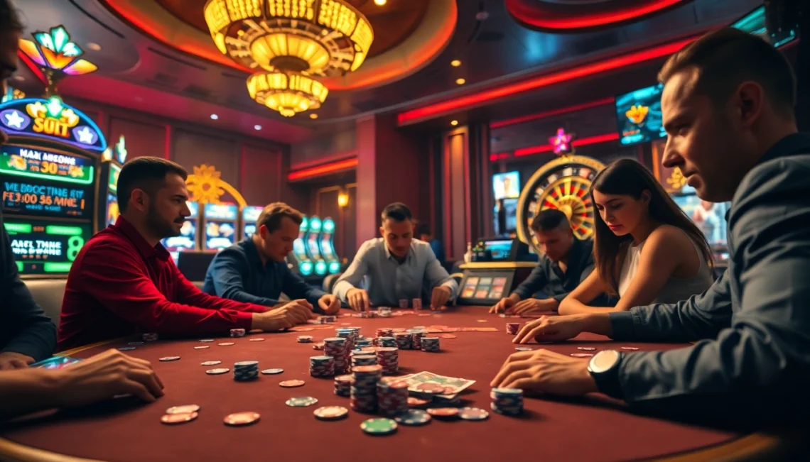 Experience the thrill of casino gameplay at https://nohu90.surf/ with intense poker action surrounded by vibrant slot machines.