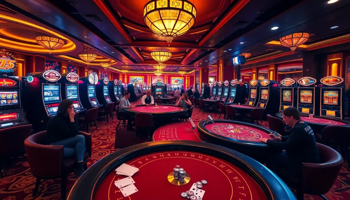 Players enjoying the thrill of gambling at MM88 casino, featuring vibrant tables and exciting slot machines.