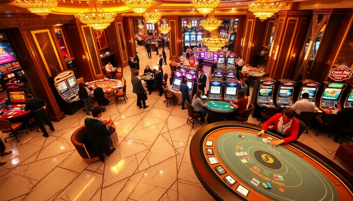 Experience the excitement of betting at MM88's luxurious casino with vibrant slot machines and engaging tables.