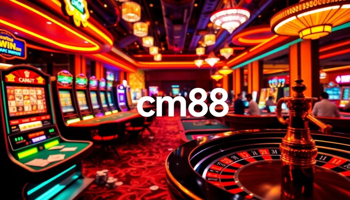 Experience the thrills of betting with cm88 at a bustling casino, showcasing vibrant tables and slot machines.