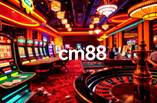 Experience the thrills of betting with cm88 at a bustling casino, showcasing vibrant tables and slot machines.