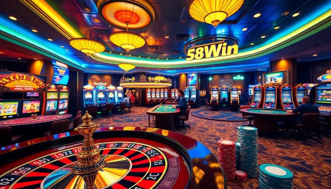 Experience the excitement of casino gaming with 58Win, showcasing vibrant tables and thrilling slot machines.