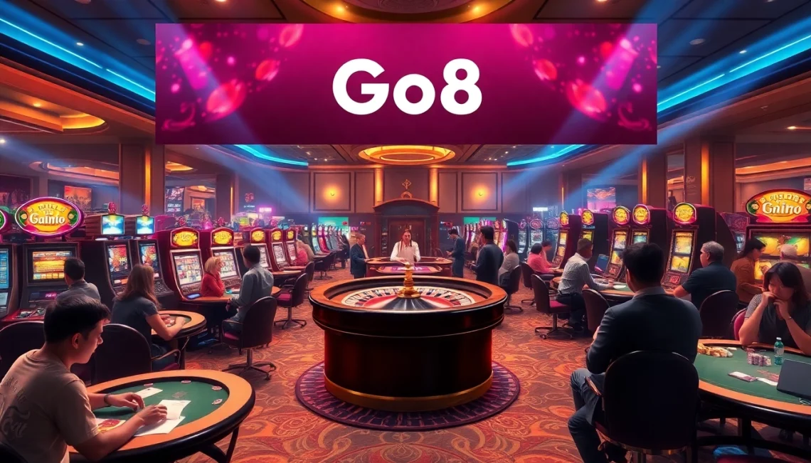 Experience the thrill of Go8 casino gaming, featuring vibrant slot machines and enthusiastic players at the tables.